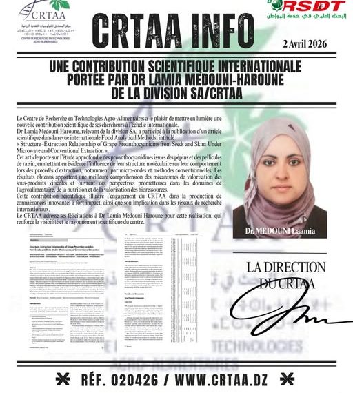 UNE CONTRIBUTION SCIENTIFIQUE INTERNATIONALE PORTEE PAR DR LAMIA MEDOUNI-HAROUNE DE LA DIVISION SA/CRTAA