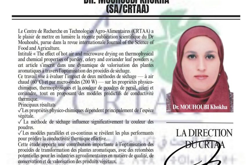 NOUVELLE PUBLICATION SCIENTIFIQUE AU CRTAA DR. MOUHOUBI KHOKHA (SA/CRTAA)