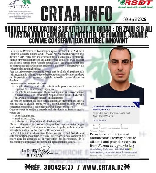 NOUVELLE PUBLICATION SCIENTIFIQUE AU CRTAA: DR ZAIDI SID ALI (DIVISION AVRA) EXPLORE LE POTENTIEL DE FUMARIA AGRARIA COMME CONSERVATEUR NATUREL INNOVANT