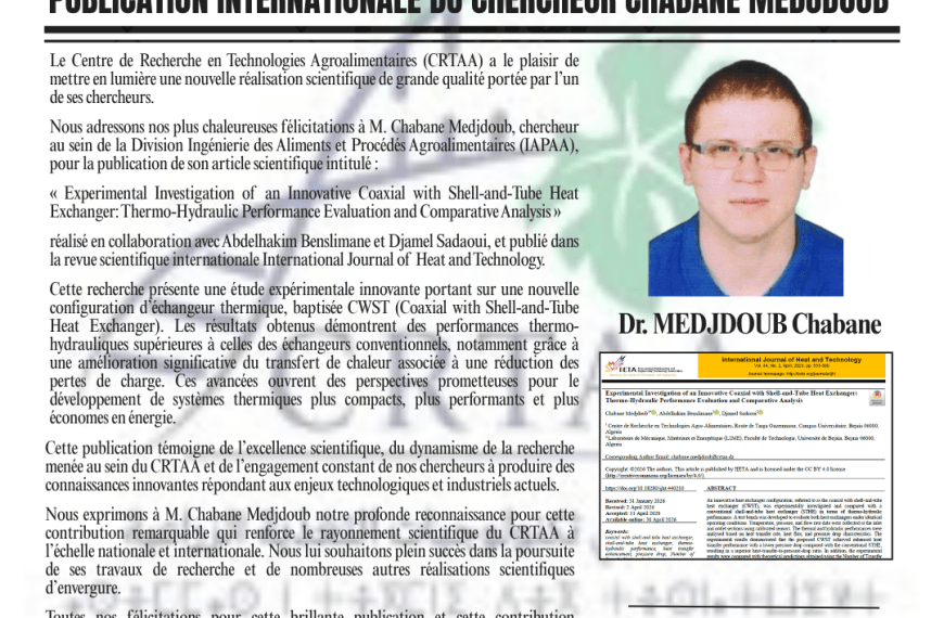 Une nouvelle distinction scientifique pour le CRTAA: publication internationale du chercheur MEDJDOUB Chabane