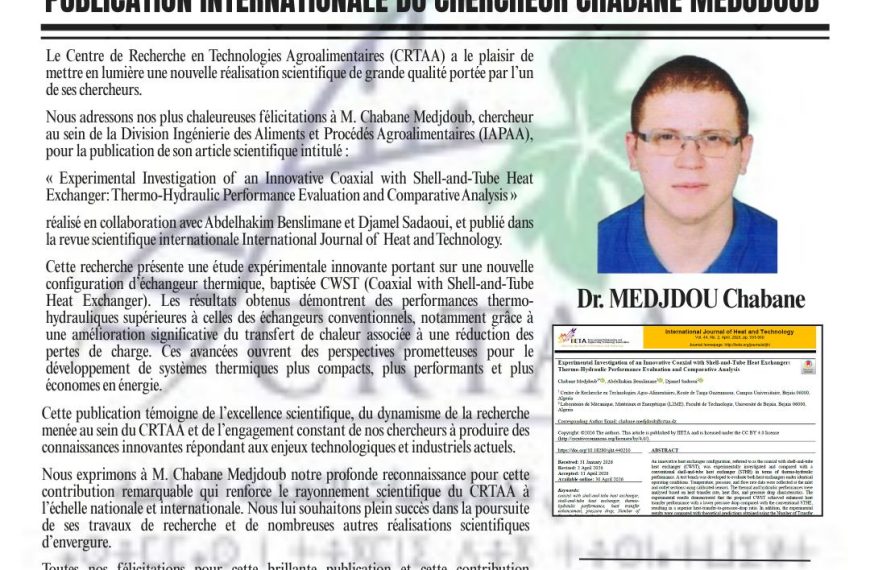 Une nouvelle distinction scientifique pour le CRTAA: publication internationale du chercheur MEDJDOUB Chabane